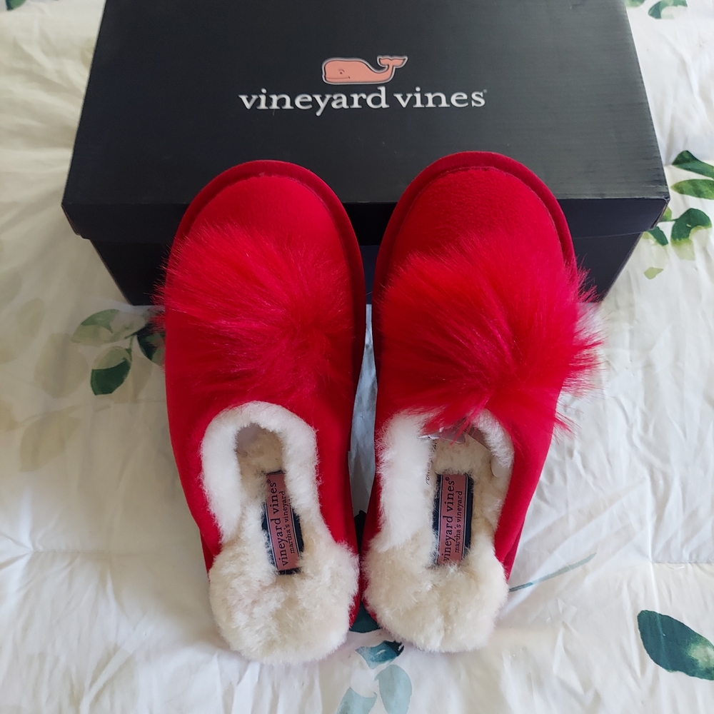 Vineyard Vines Red Fuzzy Slippers
